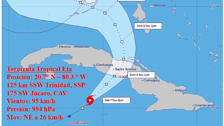 Eta continúa moviéndose por los mares al sur de la región central de Cuba