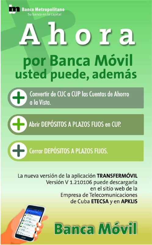 Banco Metropolitano informs its customers about its Banmet application and operations with Transfermóvil