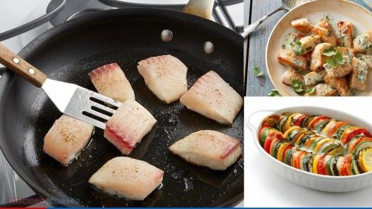 Cazuela de tilapia en salsa de cilantro, y verduras al gratín
