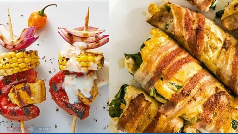 Pollo: en brocheta con crema de habanero, y en rollos con espinacas y tocino