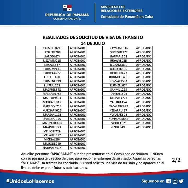 Listados de la Embajada de Panamá en Cuba: más de 100 aprobados este 14 de julio