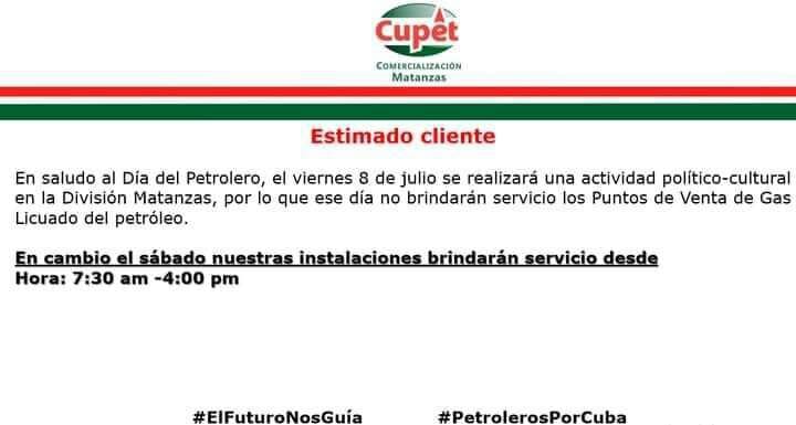 Información de CUPET sobre servicio de gas a la población