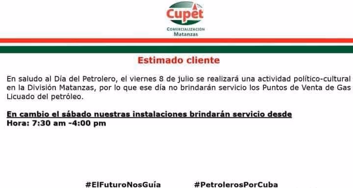 Información de CUPET sobre servicio de gas a la población