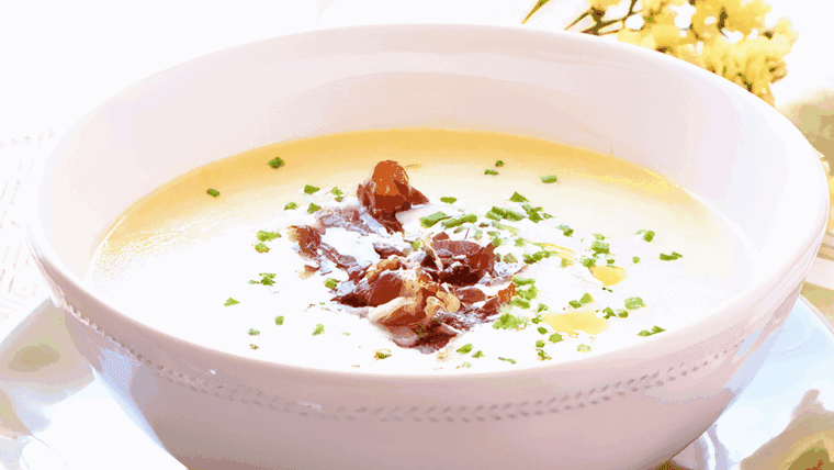 Cremas de puerro: vichyssoise, y con crujiente de jamón