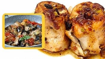 2 de pescado: al horno con berenjena, y en rollitos con piña