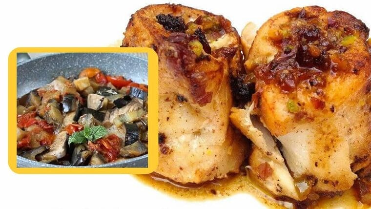 2 de pescado: al horno con berenjena, y en rollitos con piña