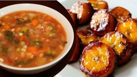 Consomé (casi) vegetariano, y plátano en tentación