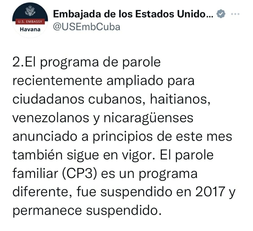 Embajada de Estados Unidos en La Habana aclara que no se ha suspendido el Programa de Reunificación Familiar para Cubanos. 