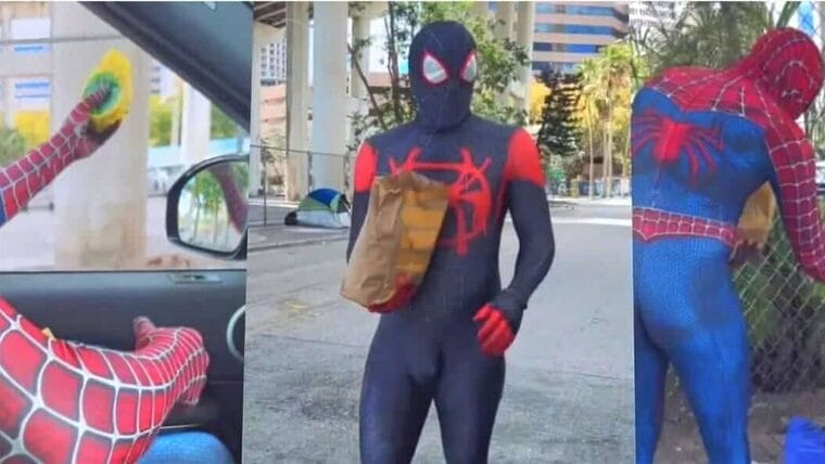 Cubanos en Miami vestidos de Spider-Man alimentan a personas sin hogar en Miami