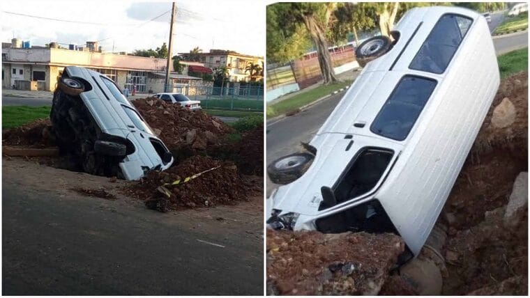 Accidente en La Habana: Camioneta se cae dentro de un hueco hecho por Aguas de La Habana