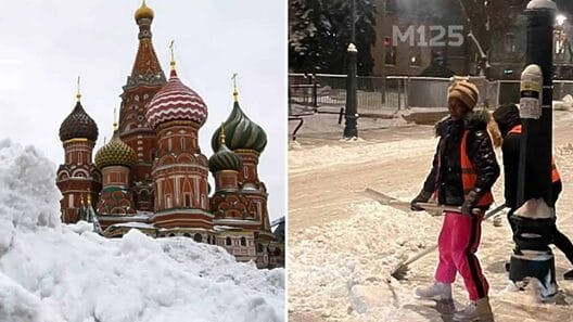 Decenas de cubanos barren la nieve en el centro de Moscú por unos rublos