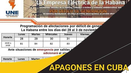 Este es el cronograma de apagones en La Habana hasta el 3 de noviembre: 4 horas diarias y rotación de bloques