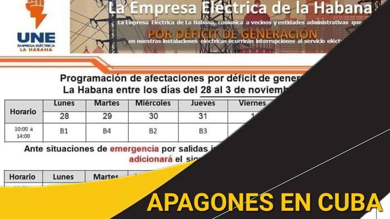 Este es el cronograma de apagones en La Habana hasta el 3 de noviembre: 4 horas diarias y rotación de bloques
