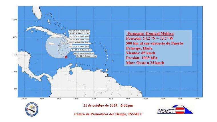 La tormenta tropical Melissa avanza por el Caribe con vientos de 85 kilómetros por hora